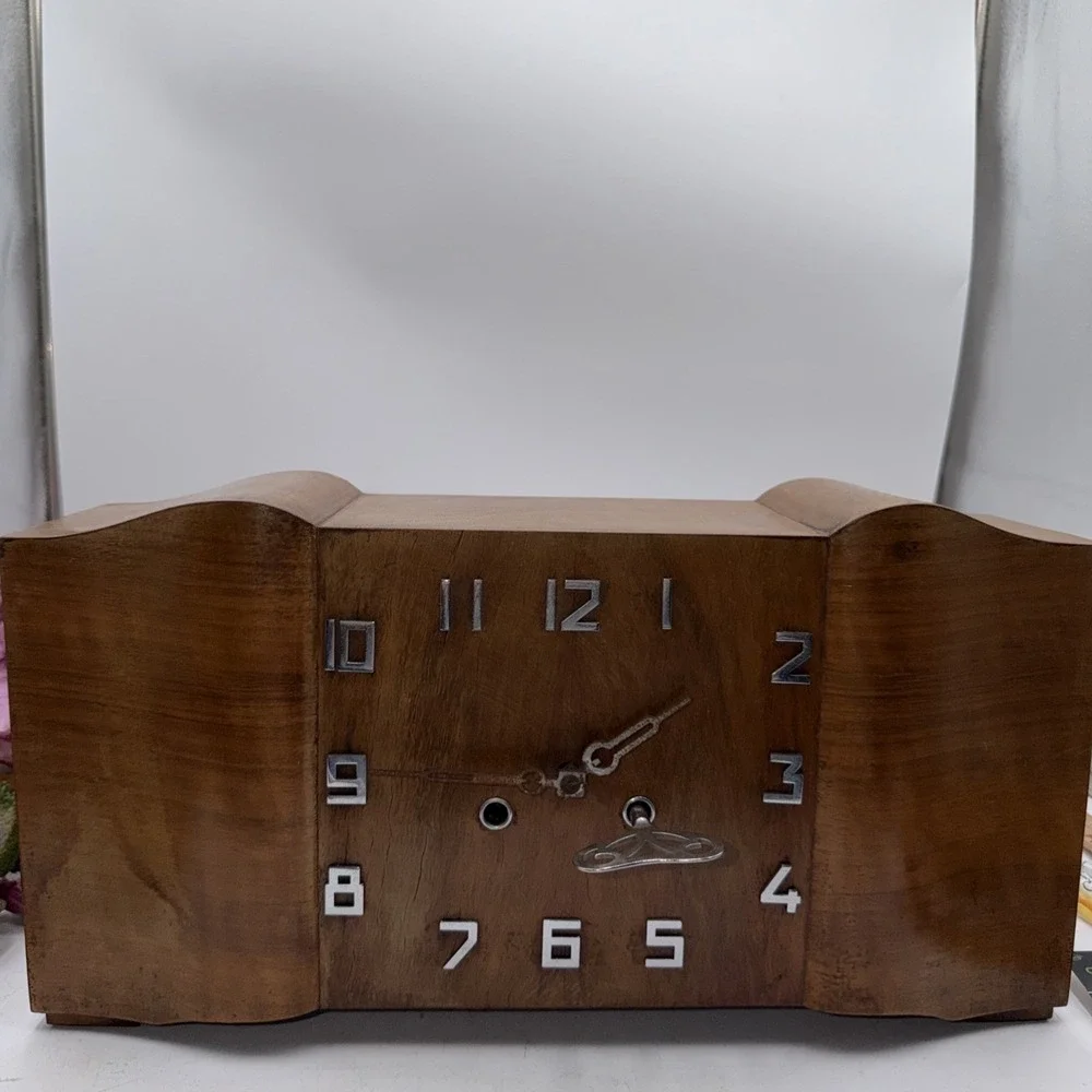 Antique Vintage Walnut Wood Art Deco Box Mantle Table Clock With Key Untested